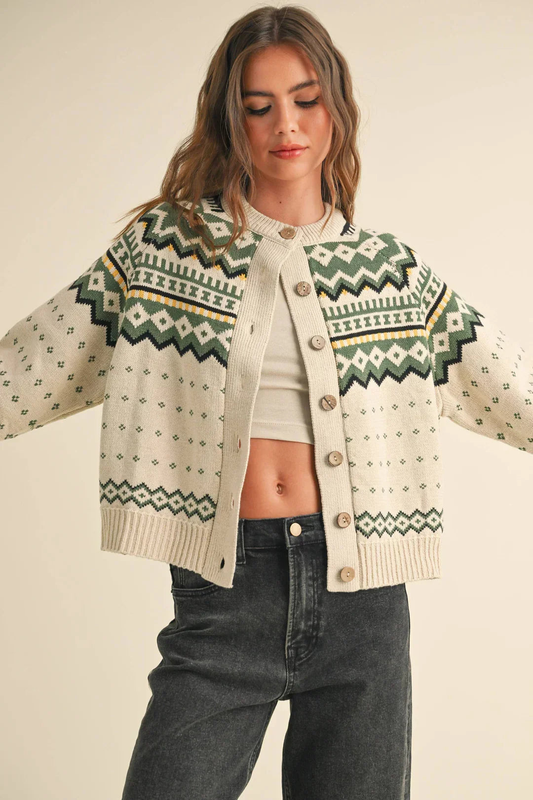 Cream and green Fair Isle cardigan sweater, a stylish addition to women’s boho chic clothing