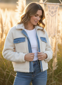 Cream shearling supply leona jacket with denim accents and sherpa lining by Free People