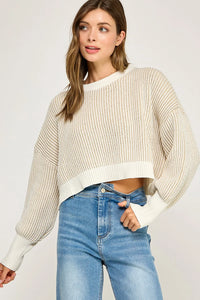 Cream ribbed knit balloon sleeve cropped sweater with white cuffs
