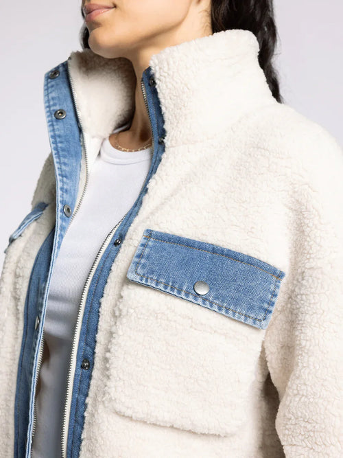 Cream sherpa Supply Leona Jacket with denim accents and button closure