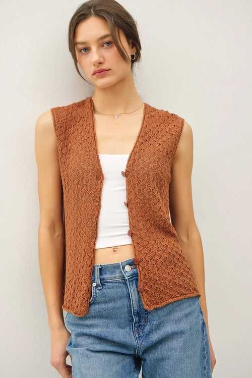 Crocheted brown button-up vest from Shop Daisy, part of womens boho clothes collection