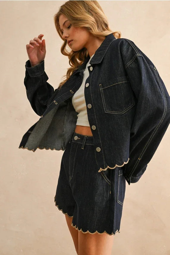 Dark denim scallop embroidery short jacket with white stitching