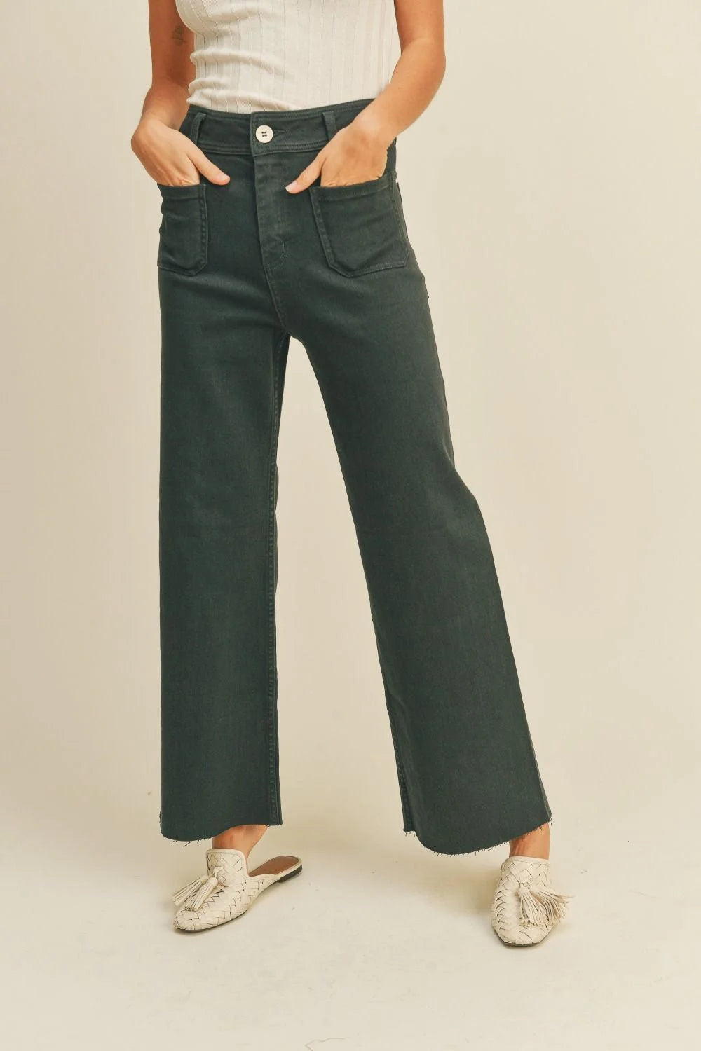 Dark green stylish wide leg pants with front pockets from Daisy Lane, perfect for wide leg denim fashion