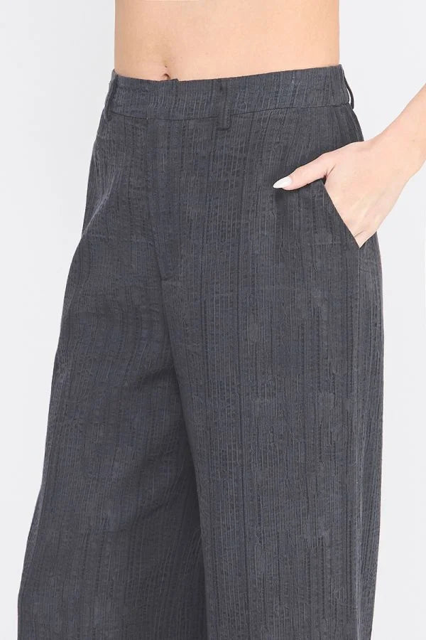 Dark textured wide leg pants with back elastic waist, stylish wide leg trousers