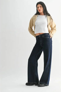 High-rise full length straight denim flare jeans in dark wash