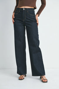 Dark wash high-rise relaxed wide leg denim jeans with contrast white stitching