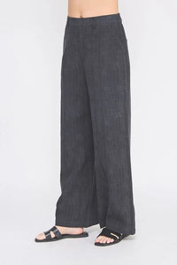 Dark textured wide leg pants with elastic waist, perfect for stylish leg pants outfits