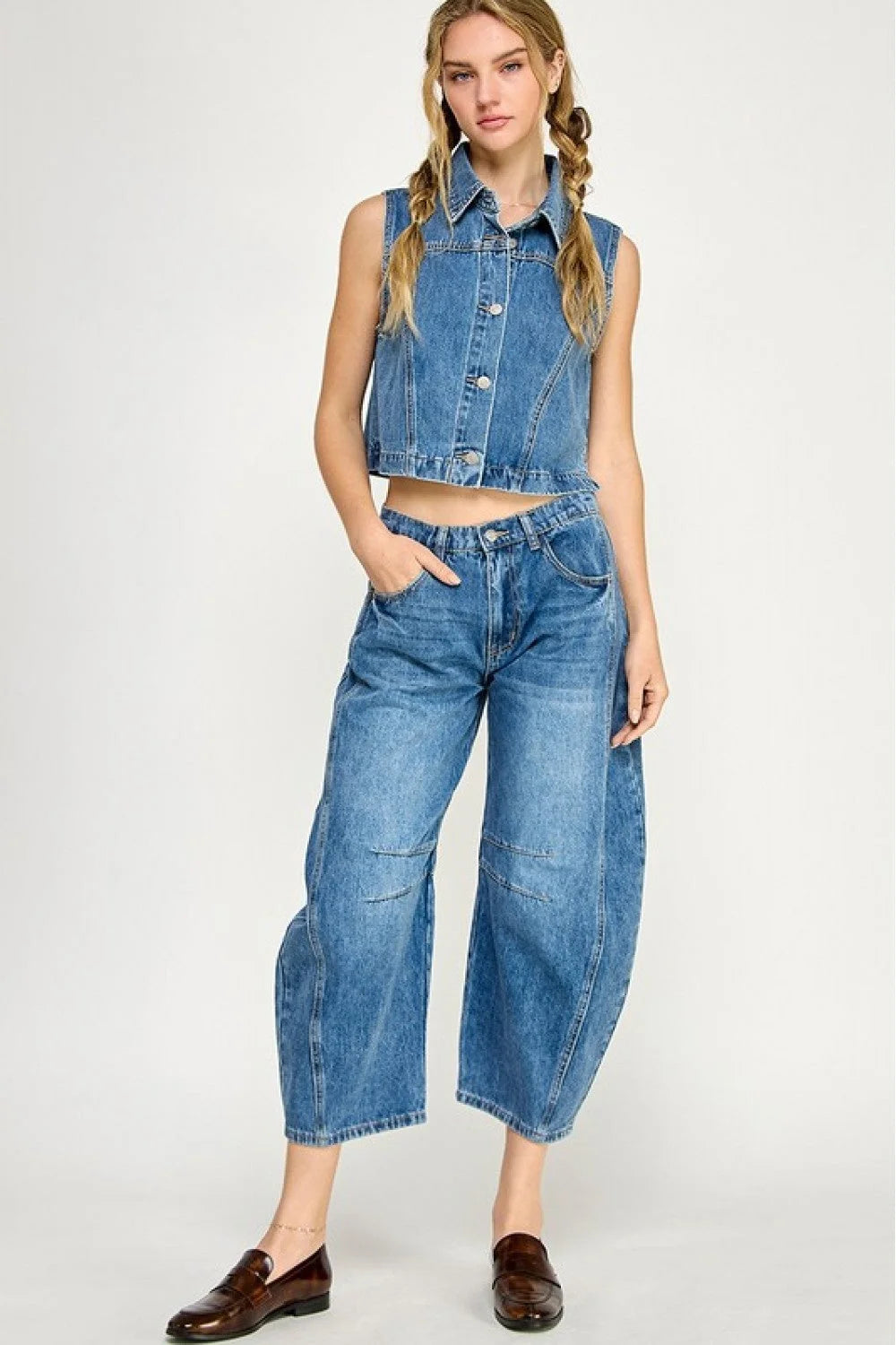 Denim crop top with wide-leg barrel jeans for women’s boho chic clothing from Shop Daisy