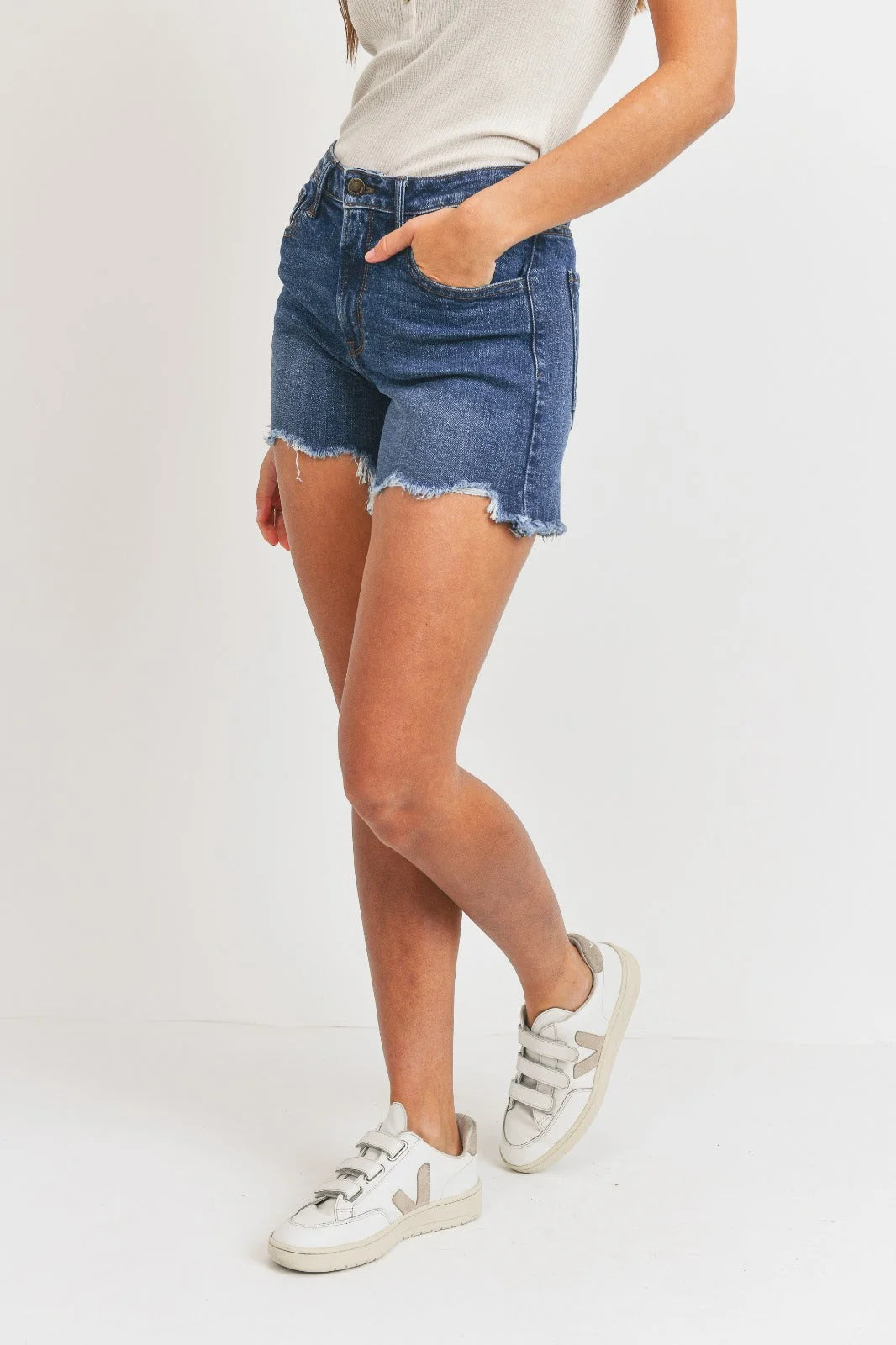 Denim cutoff shorts for women with hi-low hem detail, perfect as summer tomboy shorts