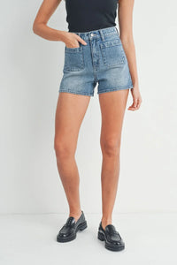 High rise patch pocket denim short showcasing stylish design and comfort