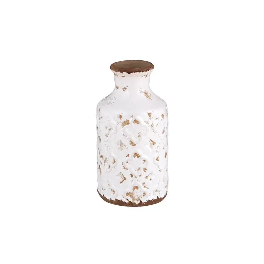 Distressed white ceramic Cream Bottle Vase showcasing a vintage bottle vase design
