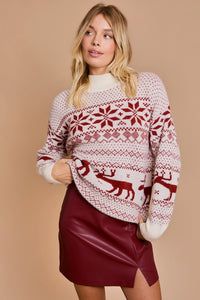 Festive Nordic-style mock neck long sleeve Christmas sweater with reindeer and snowflakes