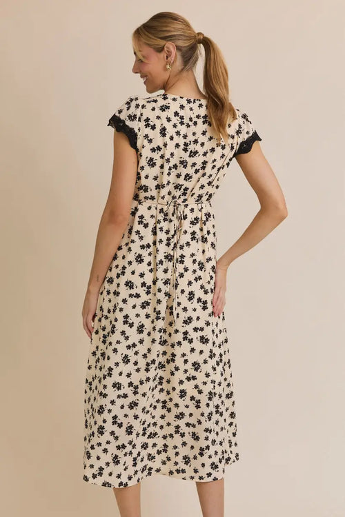 Floral midi dress with short sleeve lace trim and V-neck for elegant summer wear