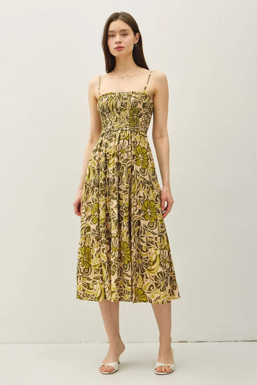 Printed floral smocked midi dress featuring a stylish smocked bodice for elegant wear