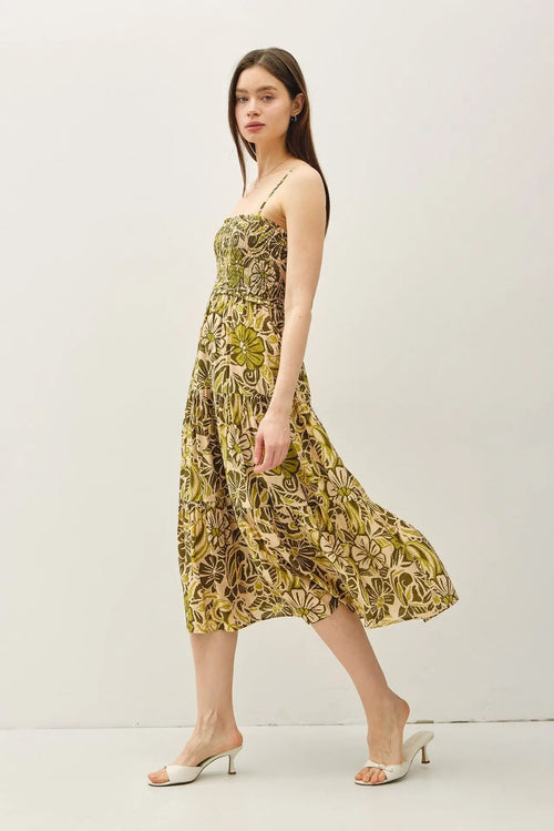 Printed floral smocked midi dress with a flattering smocked bodice for elegant style