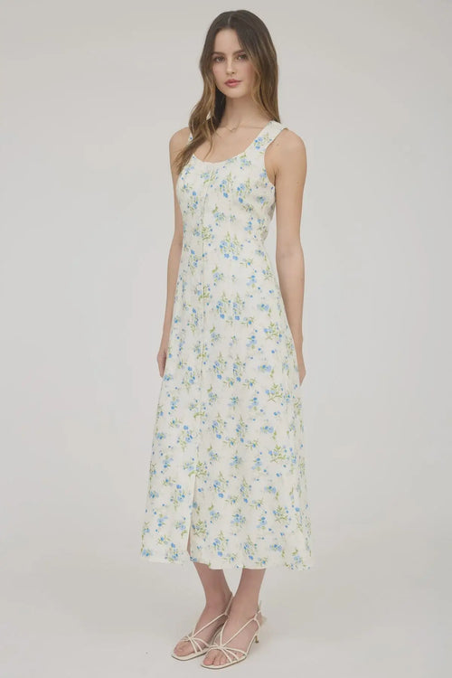 Floral sleeveless button down midi dress with floral print and sleeveless design