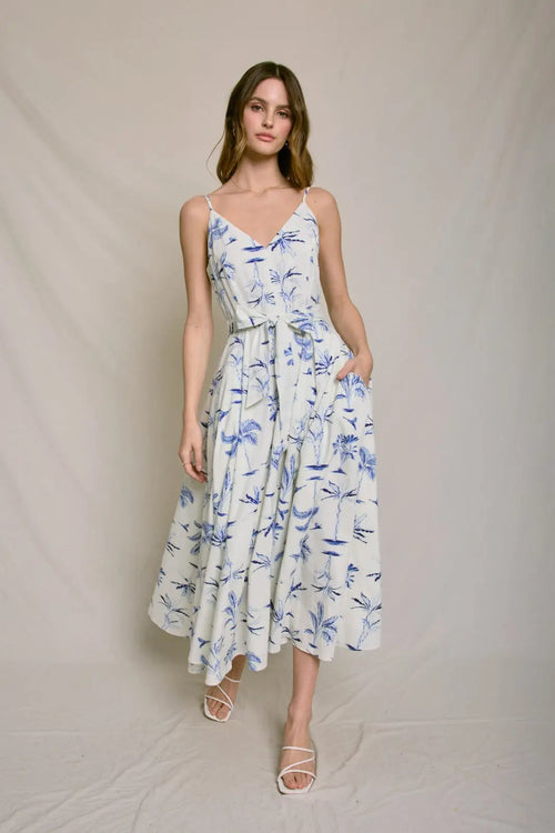 Floral print sleeveless smocked belted waist midi dress for elegant summer occasions