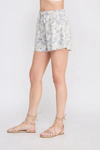 Seashell printed linen elastic tie waist shorts with floral print for casual wear