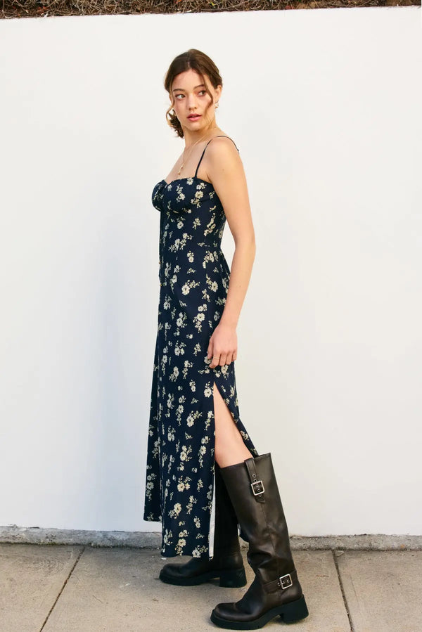 Floral print slip maxi dress with boots, ideal for womenās boho chic clothing from Shop Daisy