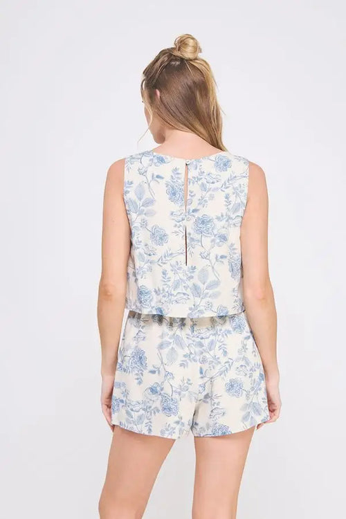 Floral print linen square neck sleeveless bohemian floral romper for women