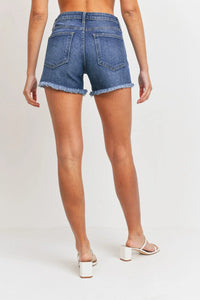 Mid rise distressed denim shorts with fray hem, perfect for casual summer wear