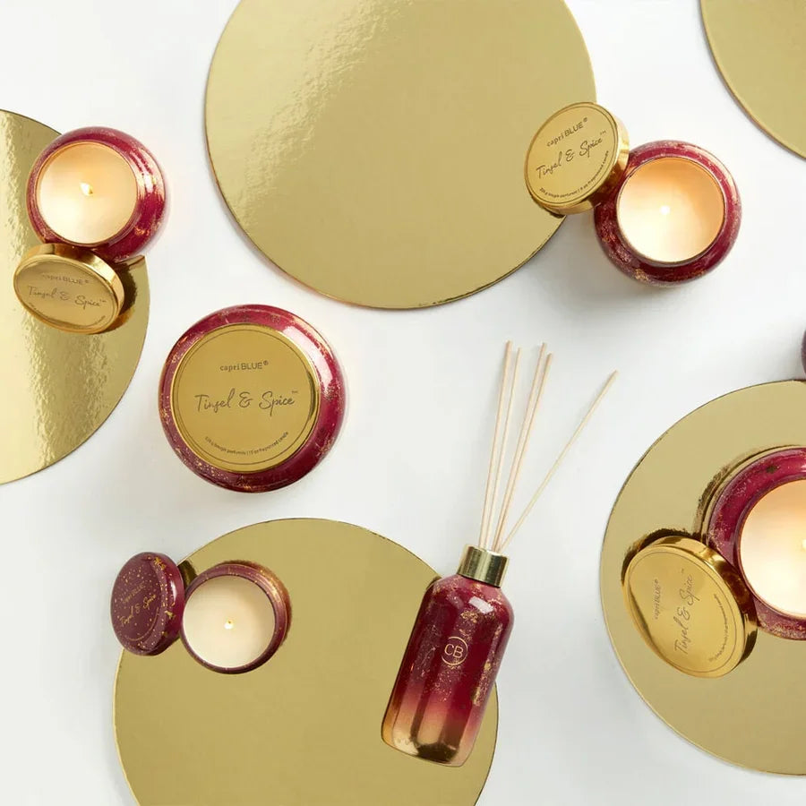 Gold and red candle set with reed diffuser for Tinsel & Spice Glimmer Mini Tin Candle