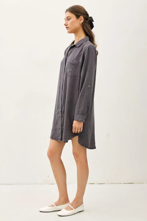 Gray TENCEL Roll Sleeve Shirt Dress featuring a stylish roll sleeve design