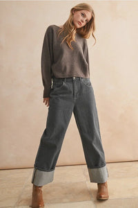 Gray corduroy pants with rolled cuffs and brown boots, women’s boho chic clothing