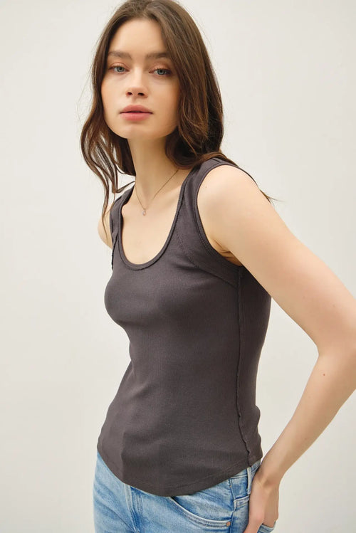 Gray tank top with raw seam detail, ideal for womenās boho chic clothing at Shop Daisy