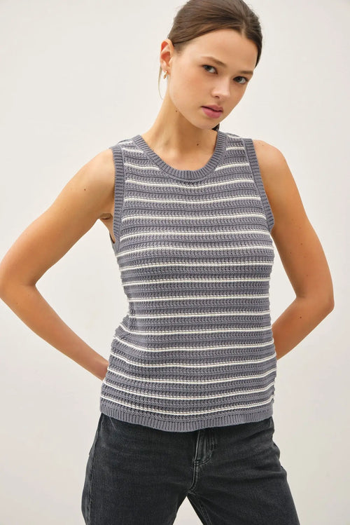 Gray and white striped sweater tank top from CHUNKY KNIT STRIPED SWEATER TANK top collection