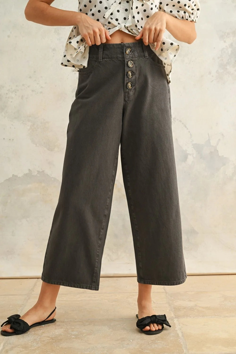 Gray high waisted baggy wide leg pants displayed in HIGH WAISTED BAGGY WIDE LEG PANTS
