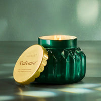 Green glass Royal Gem Volcano candle with gold lid from Capri Blue Signature Royal Gem collection