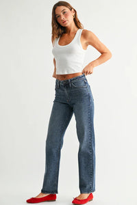 High-waisted full length straight denim with vintage wash and red stitching