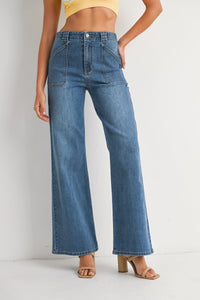 High-waisted patch pocket wide leg flare denim jeans with front patch pockets