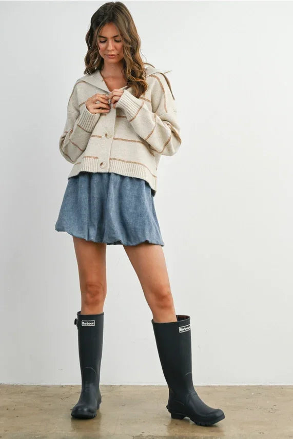 Striped collared cardigan with Hunter green rubber boots