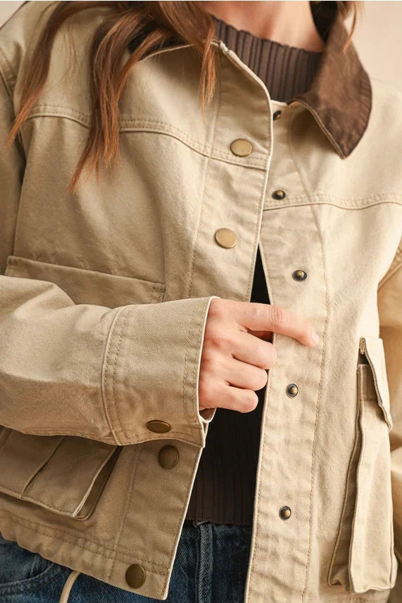 Khaki collar contrasted utility jacket with button closure and pockets from Free People