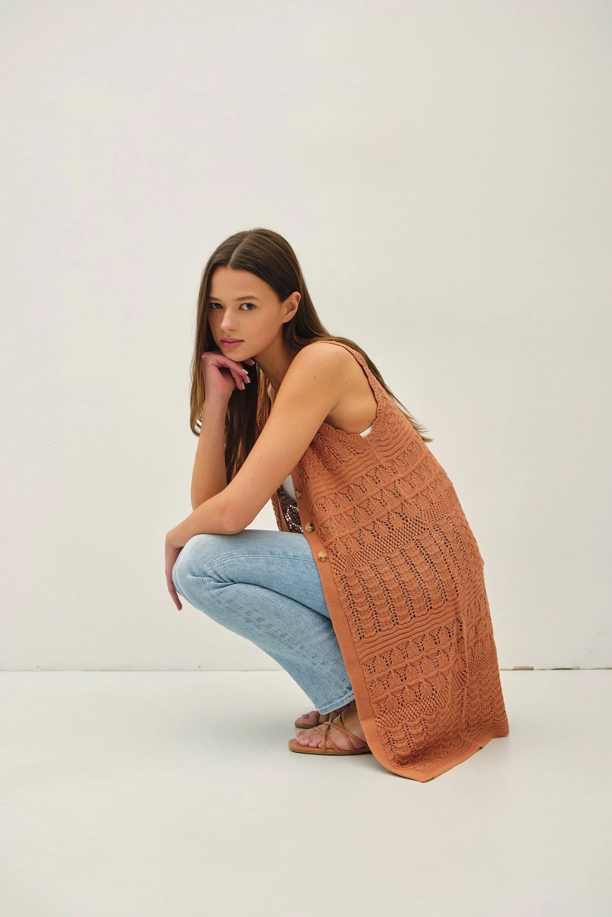 Crochet knit sleeveless duster for women’s boho chic clothing from Shop Daisy