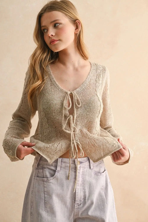 Lace-knit tie-front cardigan for women, stylish knitted cardigan fashion piece