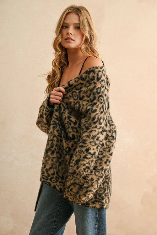 Leopard oversized cardigan open-front design showcasing trendy leopard print fashion
