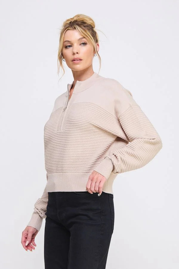 Light beige fine gauge dolman half-zip sweater with twin texture rib design