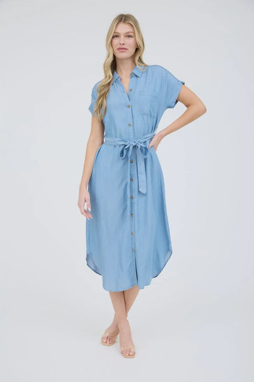 Light blue belted shirt dress for womenās boho chic clothing from Shop Daisy