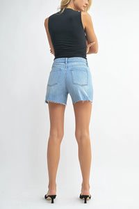 Light blue denim walking shorts with longer length for comfortable casual wear