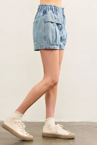 Light blue denim shorts from POUCH POCKET DENIM SHORTS, perfect for women’s boho chic clothing