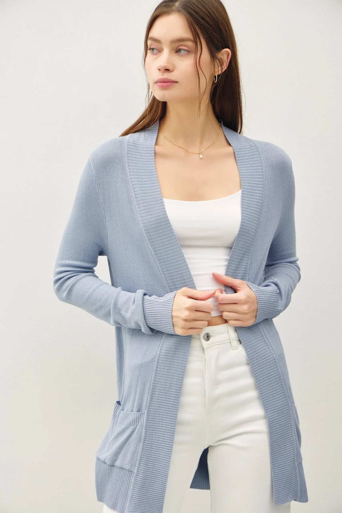 Light blue cotton blend knit open front cardigan from COTTON BLEND KNIT collection