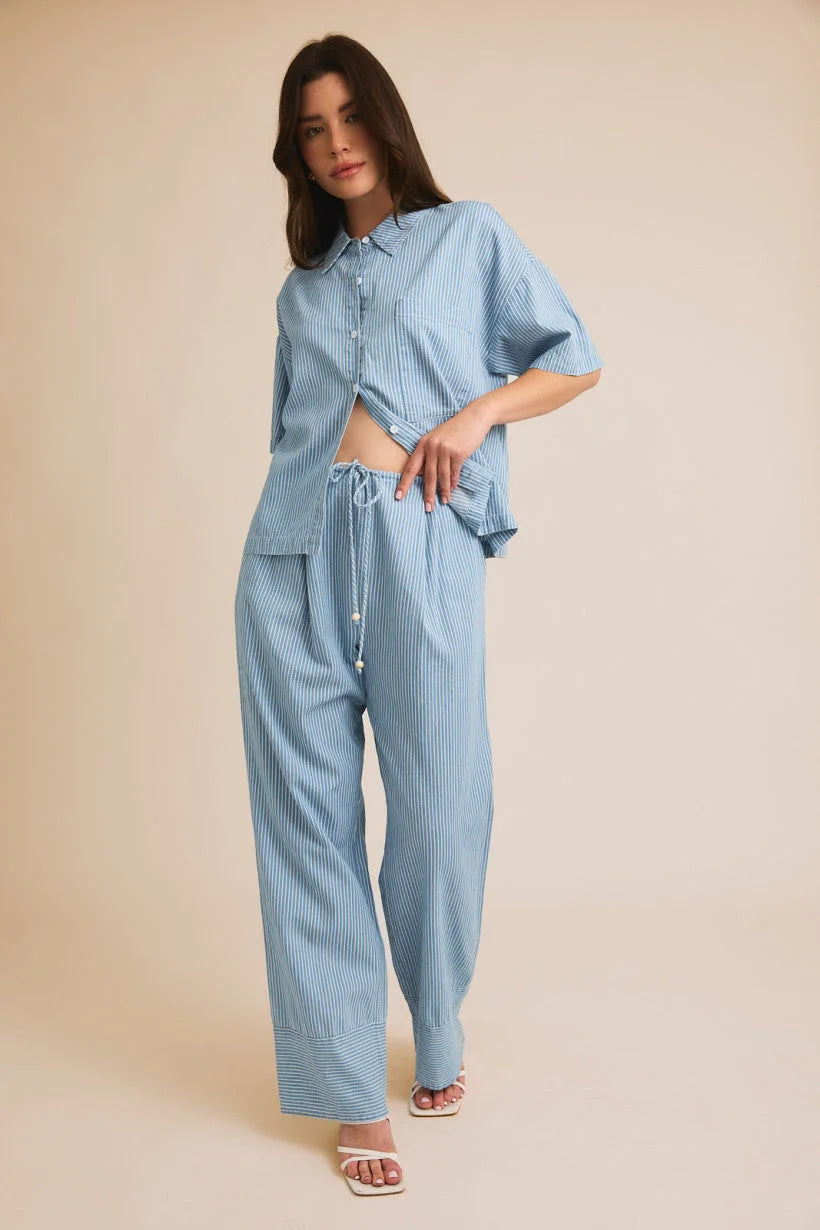 Light blue linen DRAW STRING WAIST STRIPE CHAMBRAY PANTS stylishly designed for comfort