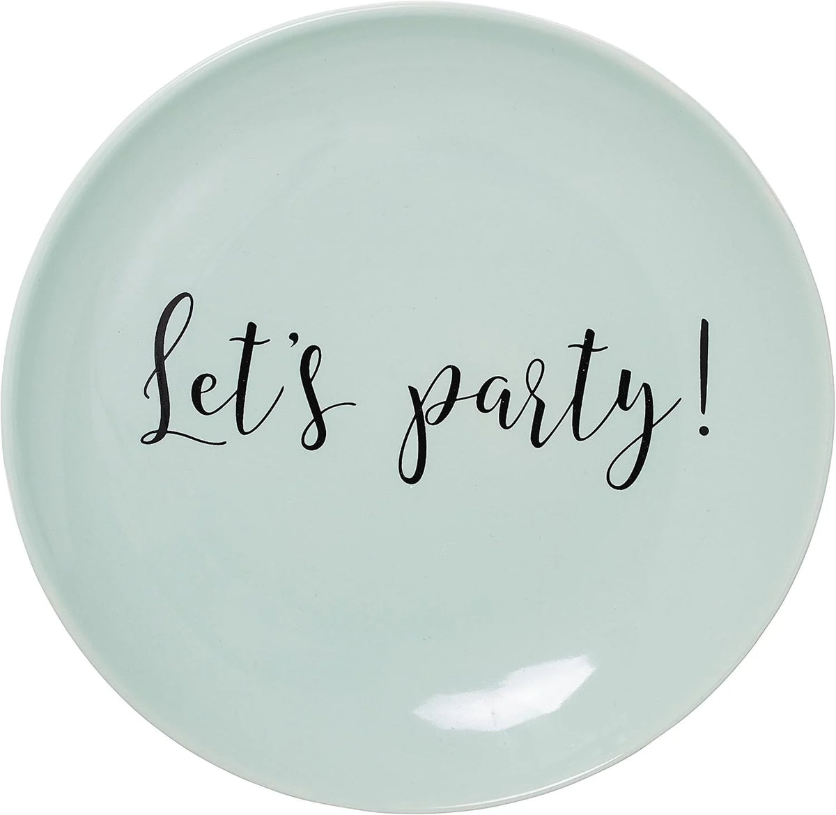 Light blue ROUND STONEWARE SUMMER LETS PARTY PLATE featuring festive text for safe gatherings
