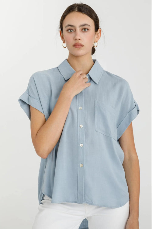Light blue womenās boho chic shirt from Shop Daisyās SOLID SHORT SLEEVE BUTTON DOWN SHIRT collection