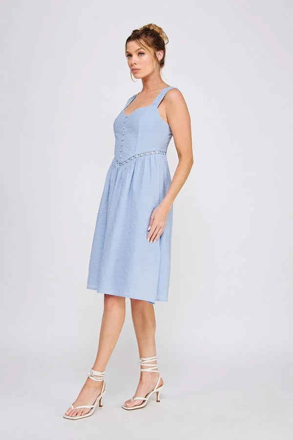 Light blue wash textured woven fitted sundress for elegant summer wear