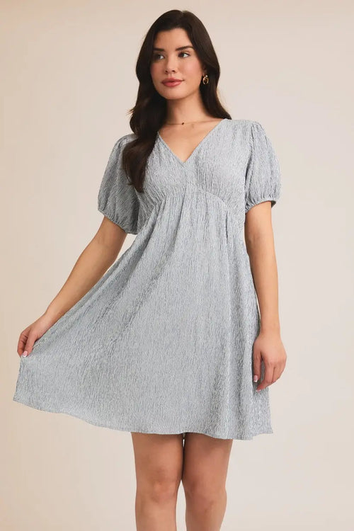 Light blue textured mini dress, womenās boho chic clothing from Shop Daisy