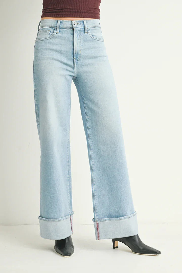 Light blue cuffed high rise palazzo jeans with wide-leg design and cuffed hems